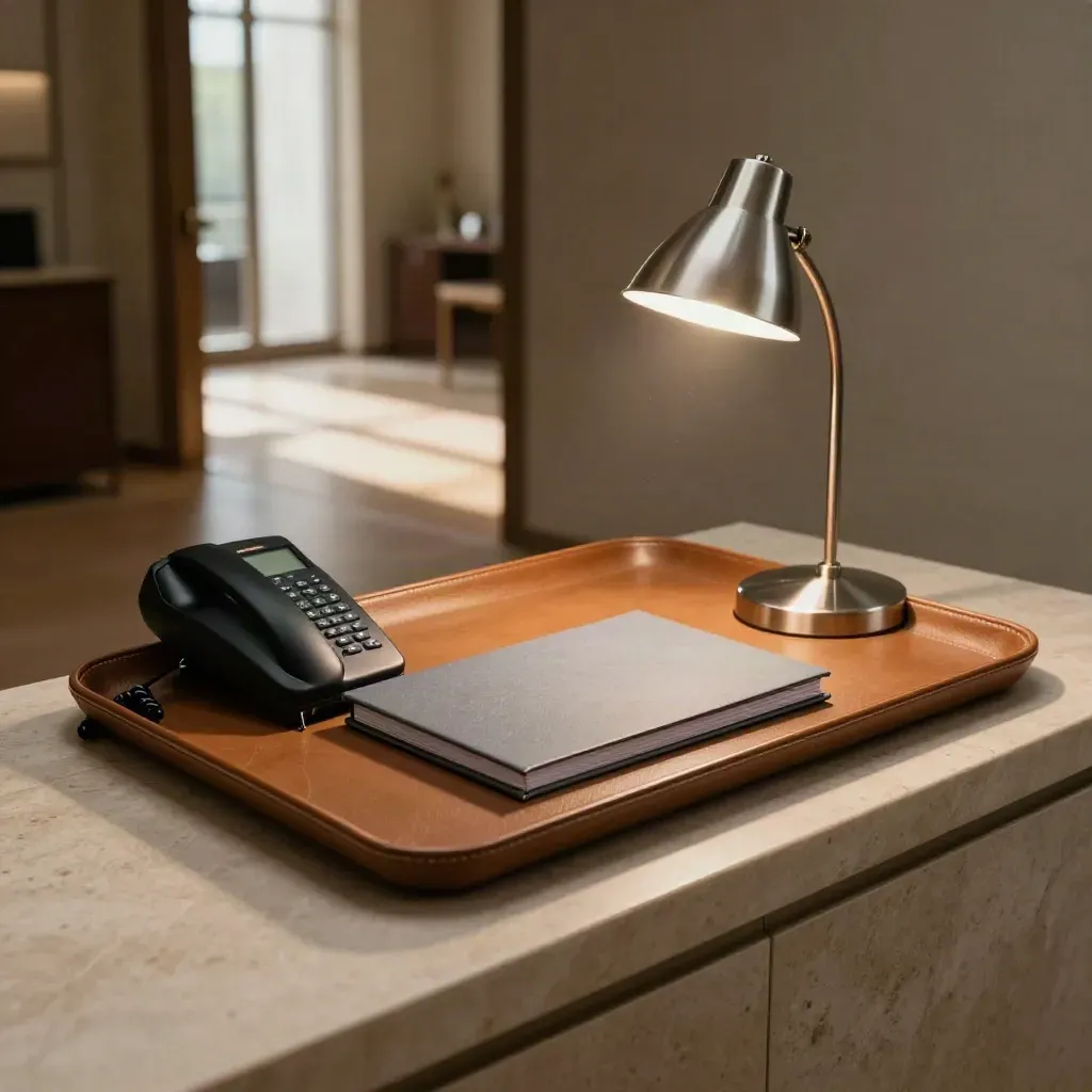 Coin dirigeant silencieux avec plateau cuir, téléphone face contre table et dossier scellé au crépuscule.