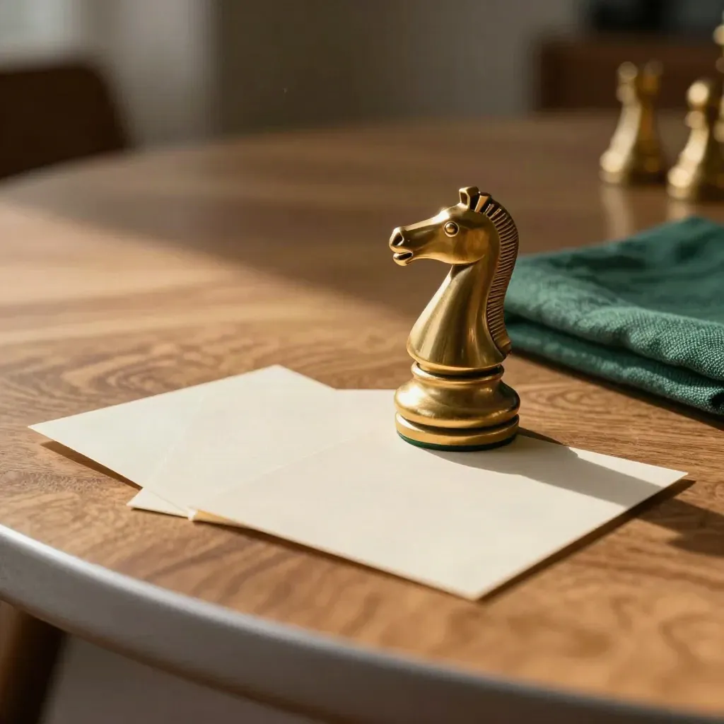 Cavalier d’échecs en laiton, cartes de brief et lin plié sur table en chêne, lumière chaude.
