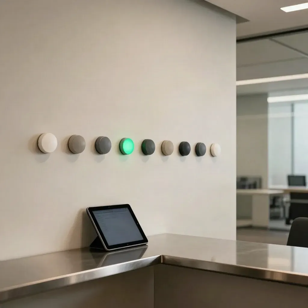 Mur de suivi minimaliste avec voyants verts, blocs colorés et tablette noire inclinée.