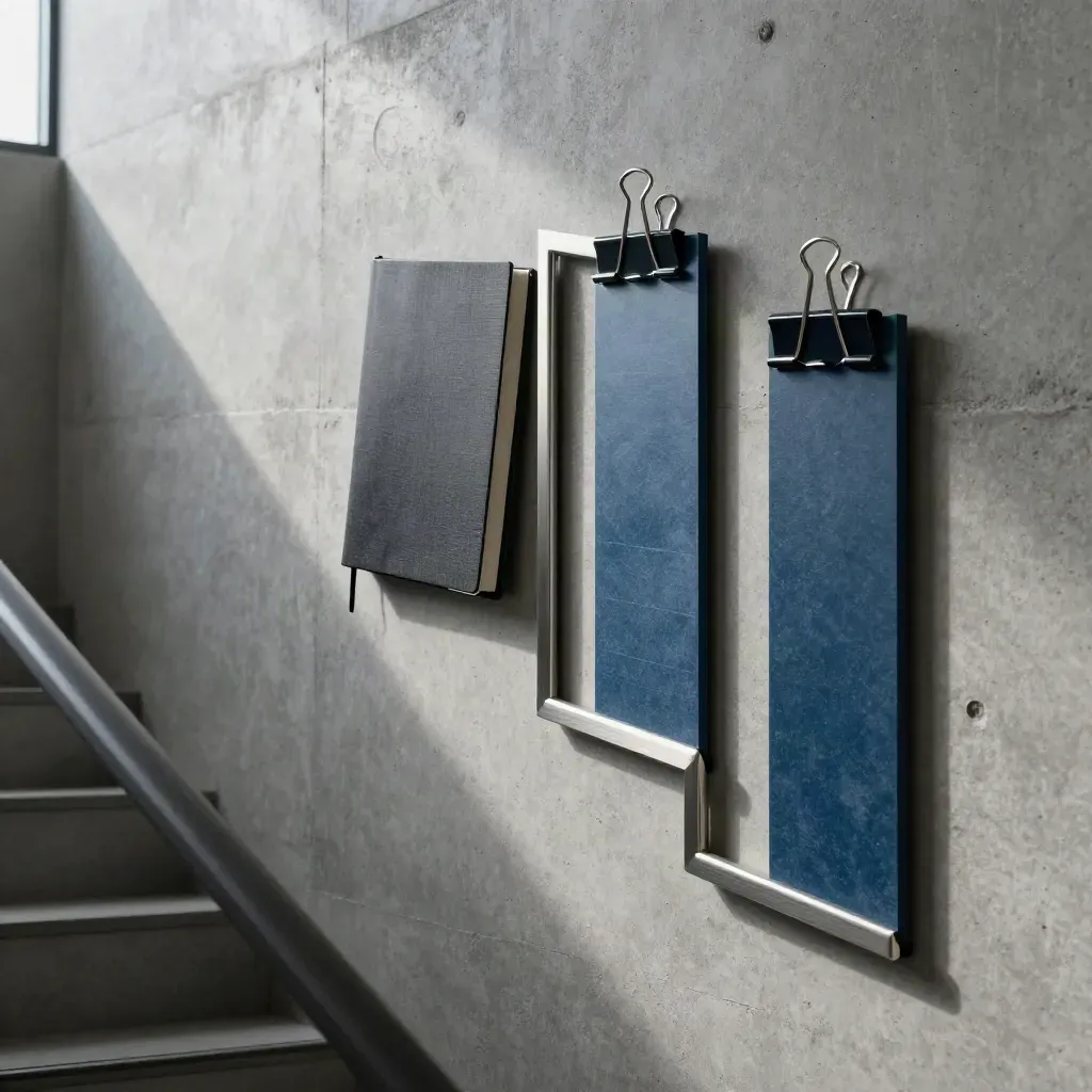 Blocs magnétiques de pilotage projet glissant sur un mur en béton, carnet fermé et pinces.