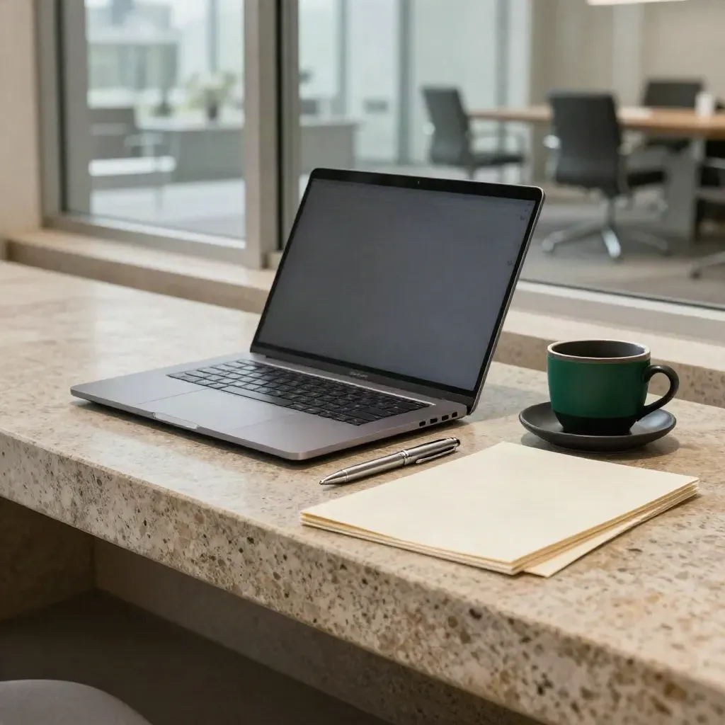 Kit commercial premium sur banc de pierre, laptop fermé, dossiers, stylo et tasse sombre.