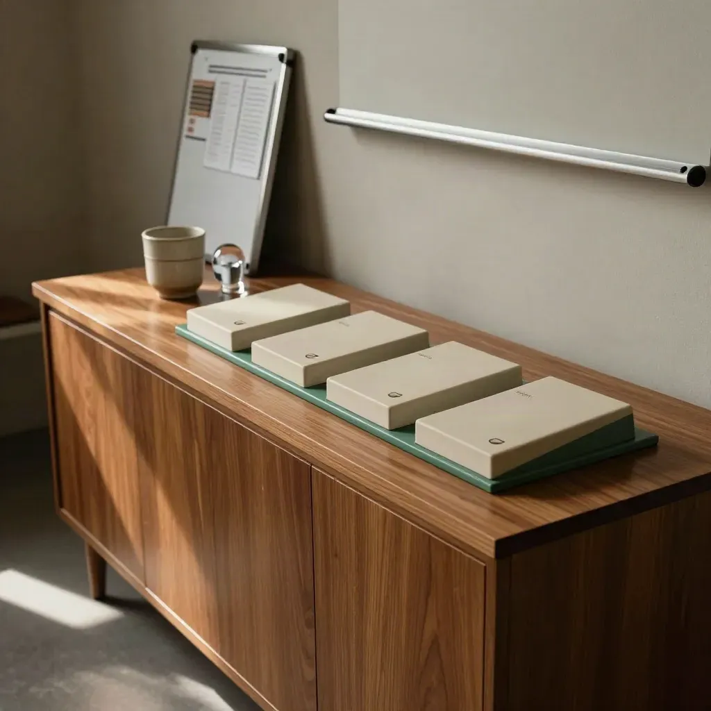 Console de suivi mensuel avec tasse, presse-papier et tableau latéral, lumière de midi.