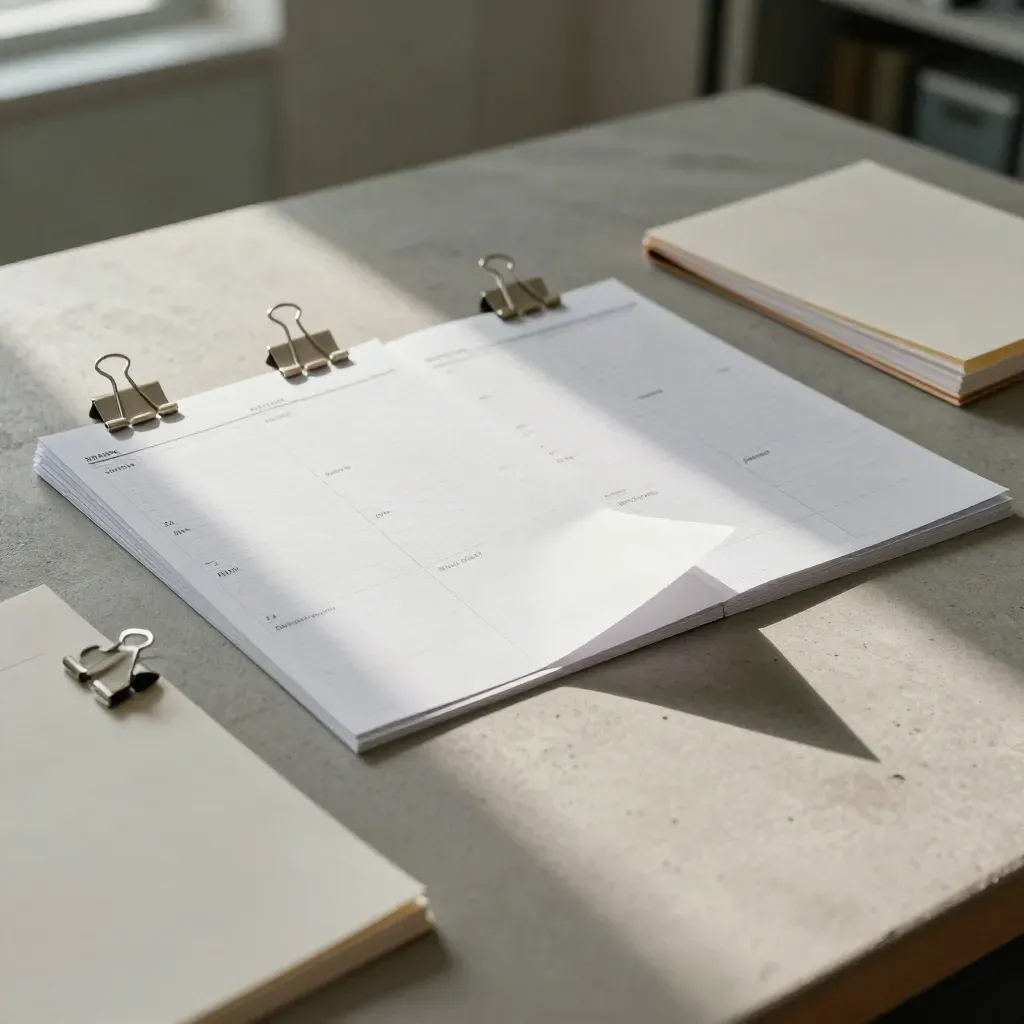 Feuilles de plan d’action blanches sur table en béton clair, une page se soulève.