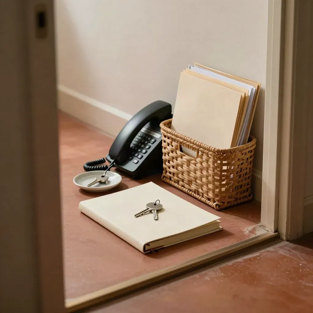 Poste d’appui dirigeant discret avec agenda fermé, clé, téléphone et corbeille de dossiers.