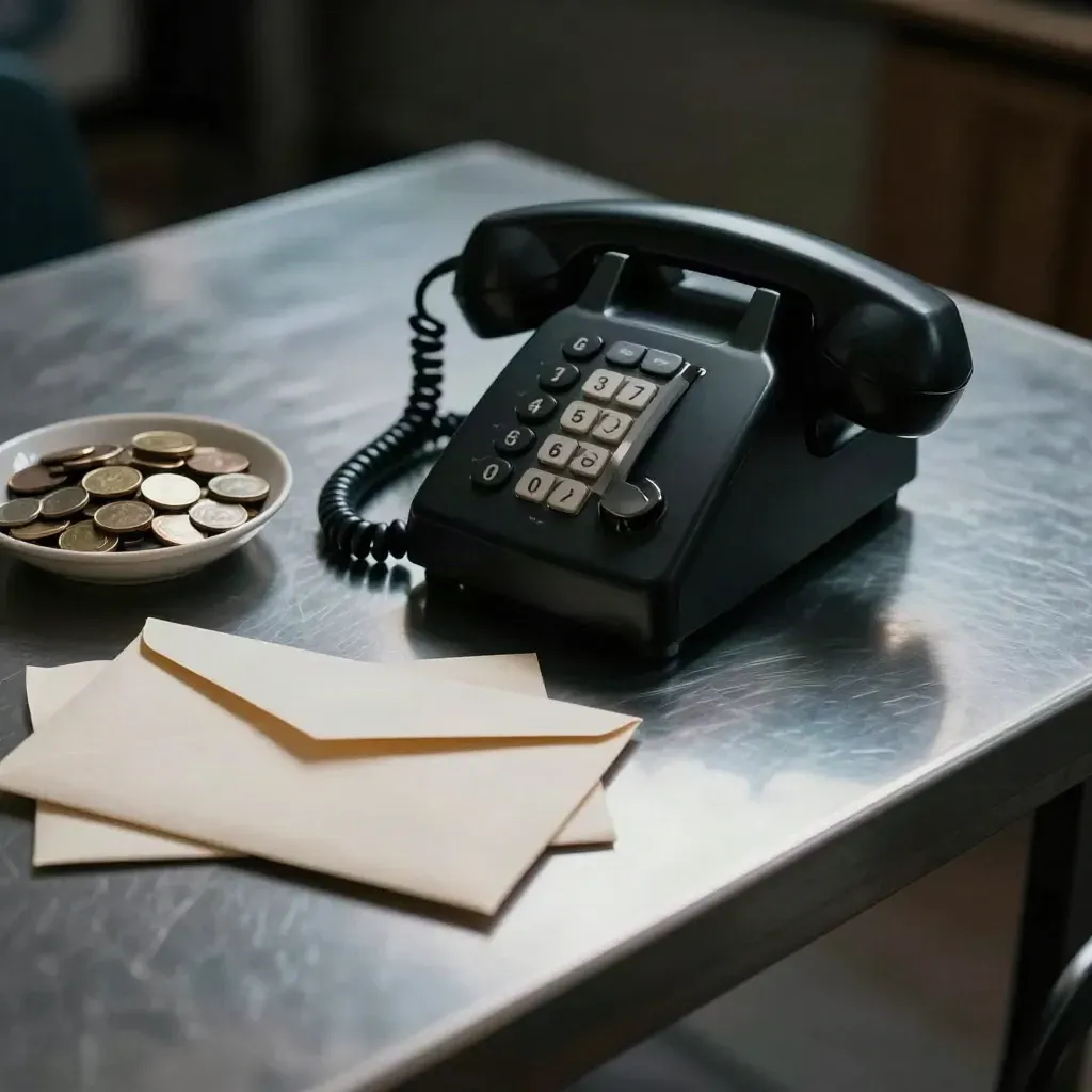Téléphone de bureau, carnet fermé, enveloppes neutres et pièces sur table métallique sombre.
