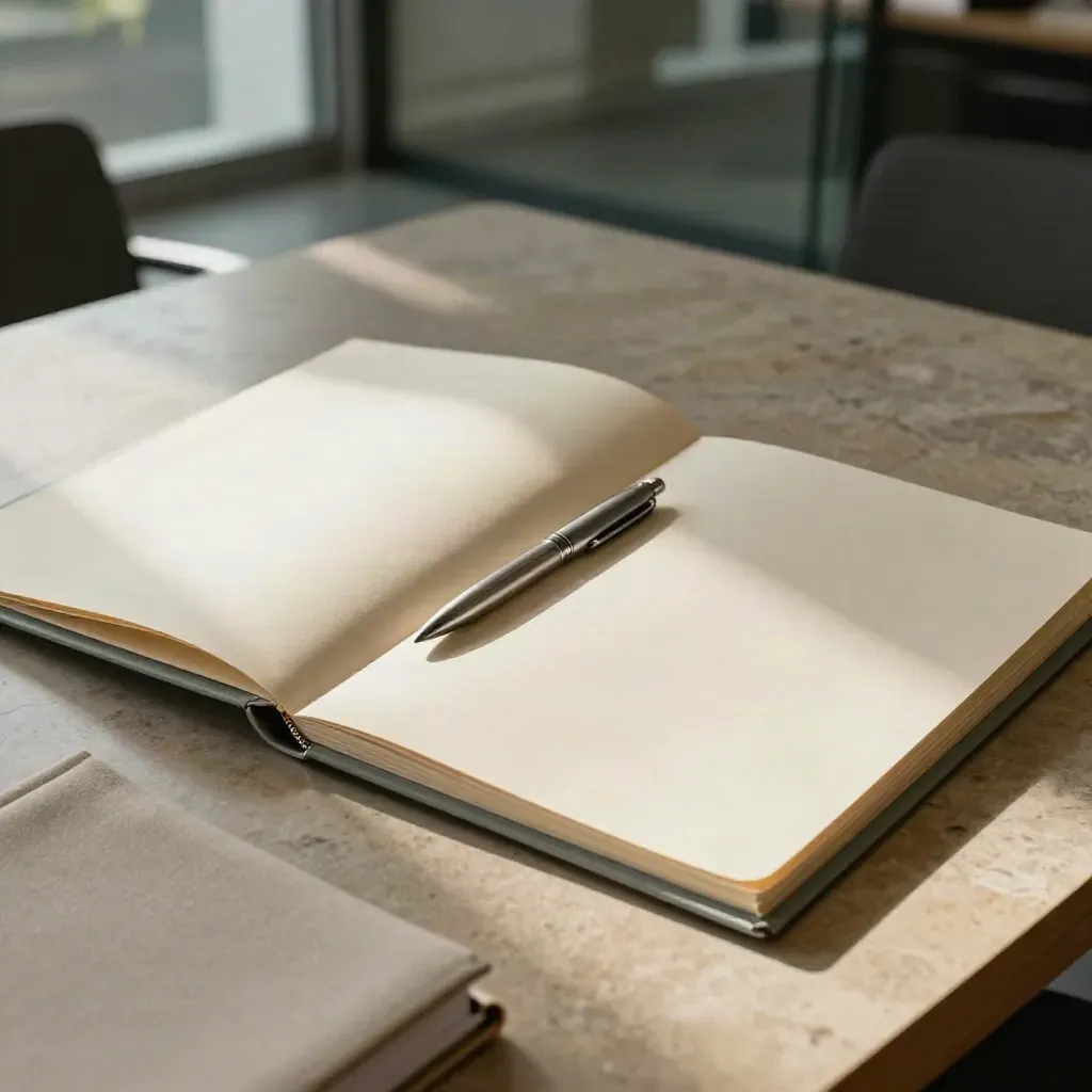 Deux chemises crème entrouvertes, un stylo métal et une pince d’archive sur une table en pierre claire.