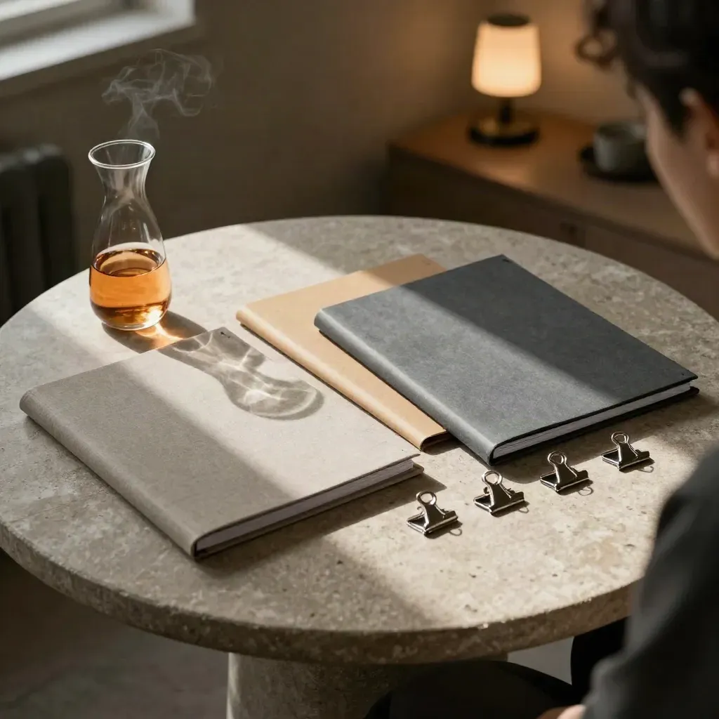 Trois dossiers, un carafon et trois pinces sur une table de pierre gris perle.