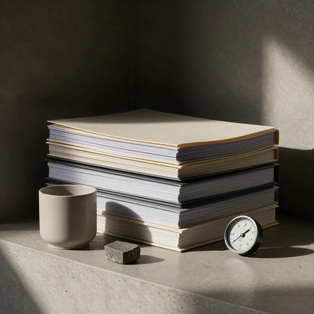 Piles de dossiers fermés, jauge analogique, tasse sobre et presse-papier en pierre dans une lumière dramatique.