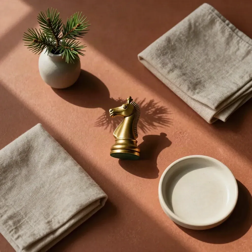 Chevalier d’échecs en laiton avec lin, plante et coupelle sur dalle terracotta.