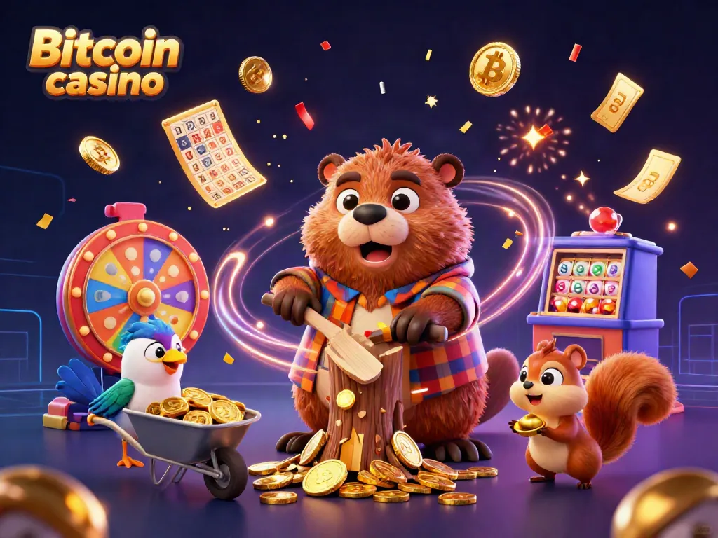 Plongez dans l'univers des casinos Bitcoin avec un castor bûcheron joyeux entouré de pièces en or et d'éléments de blockchain.