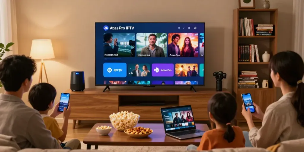 Expérience agréable avec Atlas Pro IPTV en famille devant la télévision.