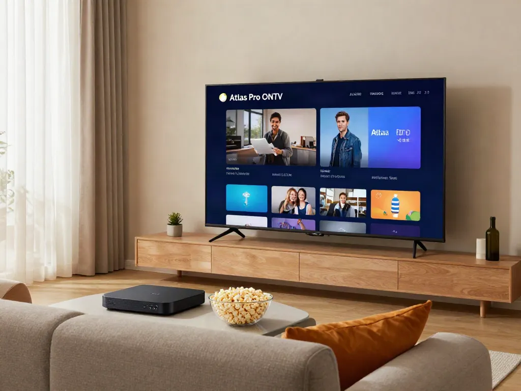 Expérience de visionnage confortable sur Atlas Pro avec TV intelligente dans un salon moderne.